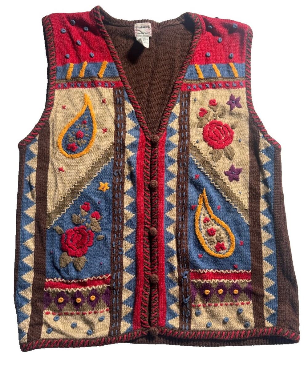 Vintage Stephanie K Koret M Embroidered Boho Sweater Vest
